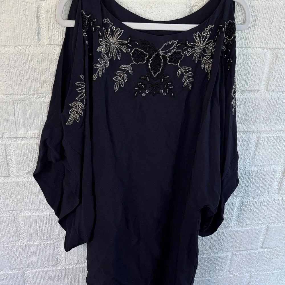 Free People Beaded Elegant Navy Floral Cold Shoulder Dress w/ belt sz XS